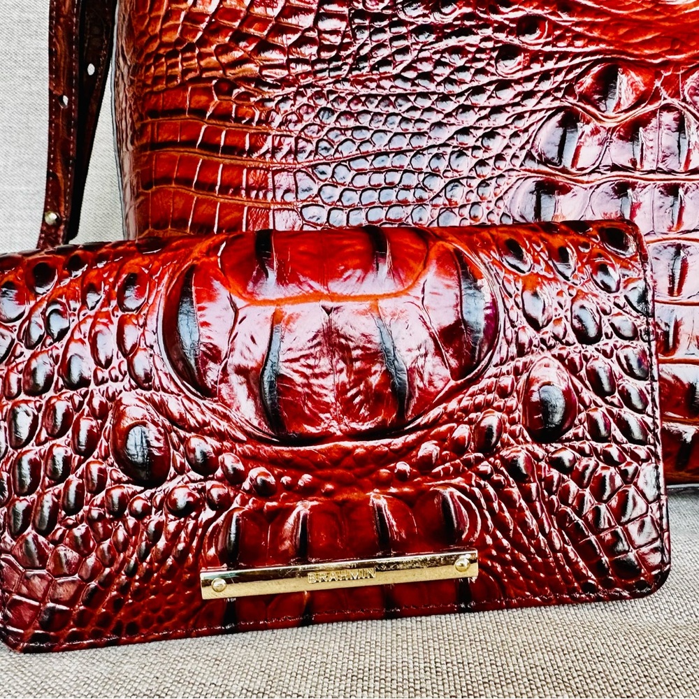 Brahmin Pecan Brown with Reddish Tint Crocodile-Embossed Satchel Set - Picture 4 of 6